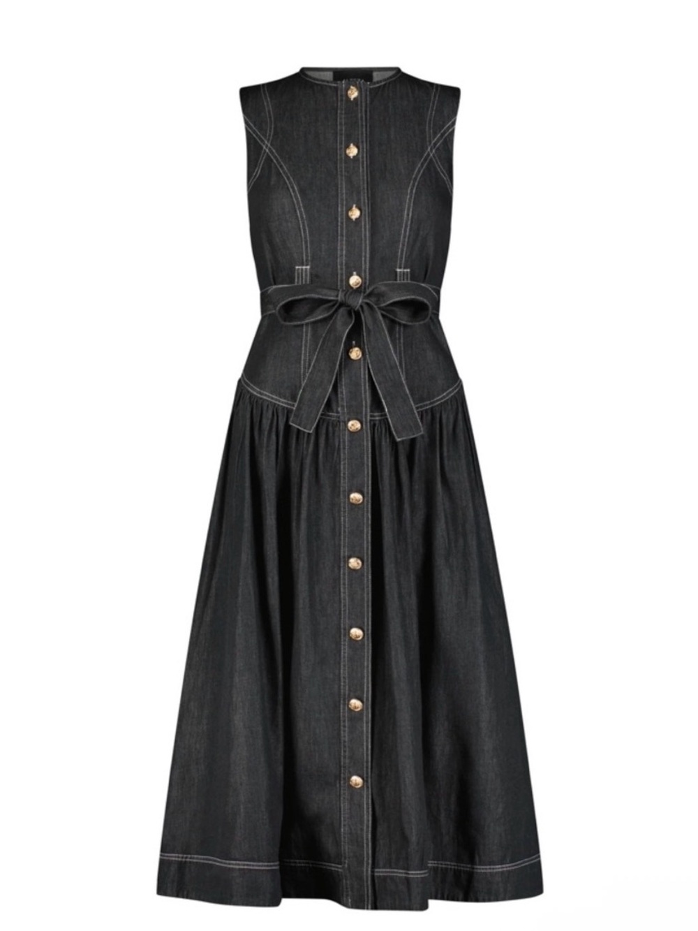 Sleeveless Black Denim Maxi Dress with Waist Tie and Button Front